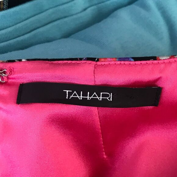 Tahari Dress Womens 4 Multicolor Geometric Print Cap Sleeve Crew Neck Sheath - Picture 6 of 14